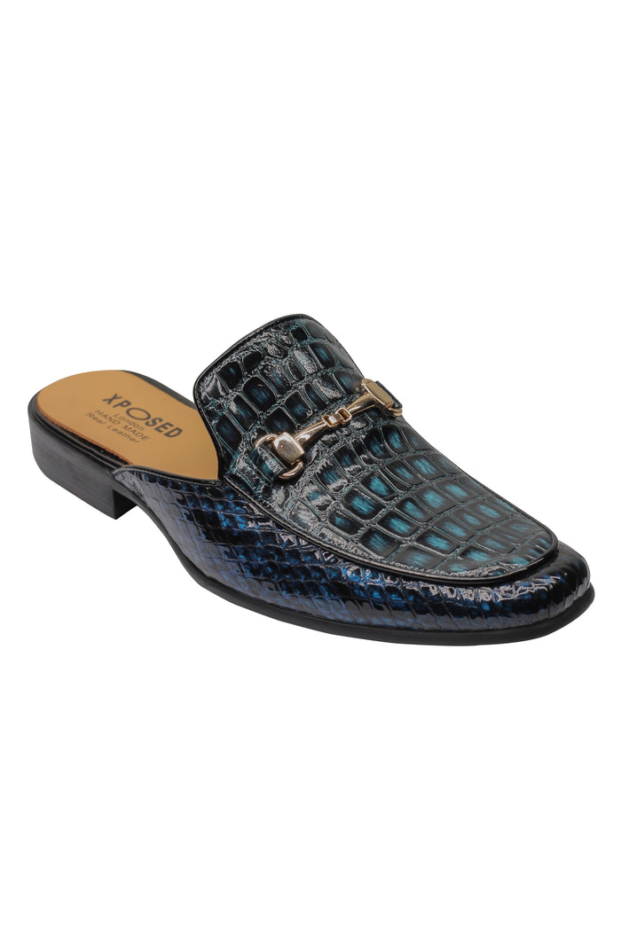 REAL LEATHER SHINY PRINTED HALF SHOES IN BLUE
