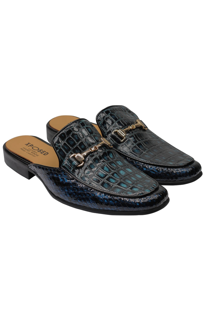 REAL LEATHER SHINY PRINTED HALF SHOES IN BLUE