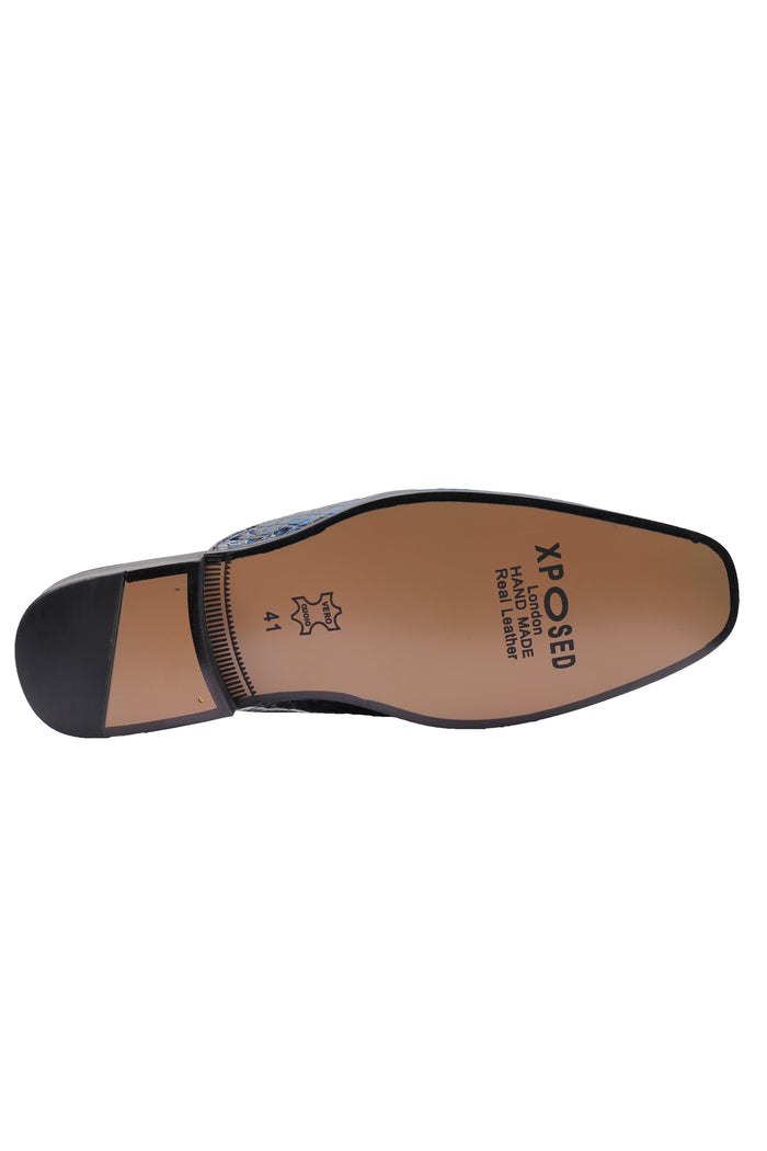 REAL LEATHER SHINY PRINTED HALF SHOES IN BLUE