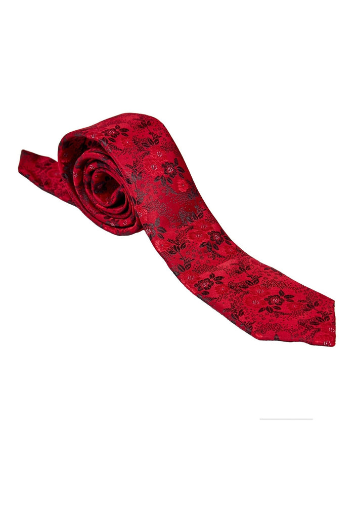 RED FLORAL FOLIAGE PRINT NECK TIE SET