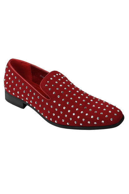 RED SUEDE LEATHER LINED GLITTER STUD LOAFERS