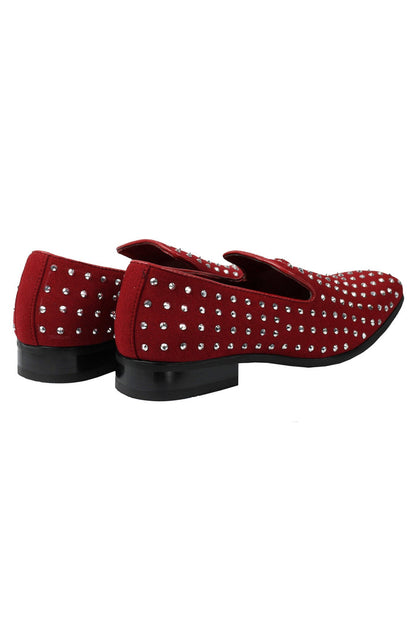 RED SUEDE LEATHER LINED GLITTER STUD LOAFERS