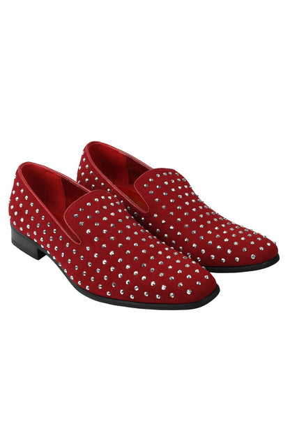 RED SUEDE LEATHER LINED GLITTER STUD LOAFERS