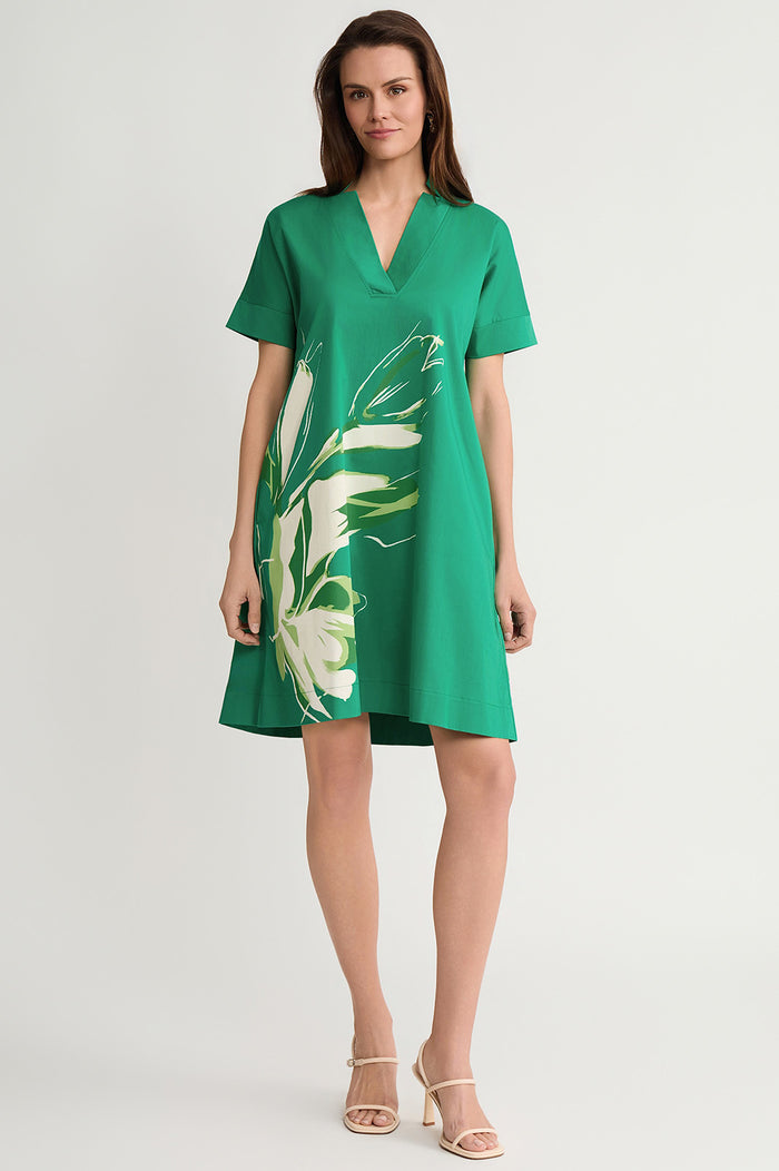 Relaxed A-Line Floral Printed Stretch Cotton Dress, Kelly Green/White | Ming Wang