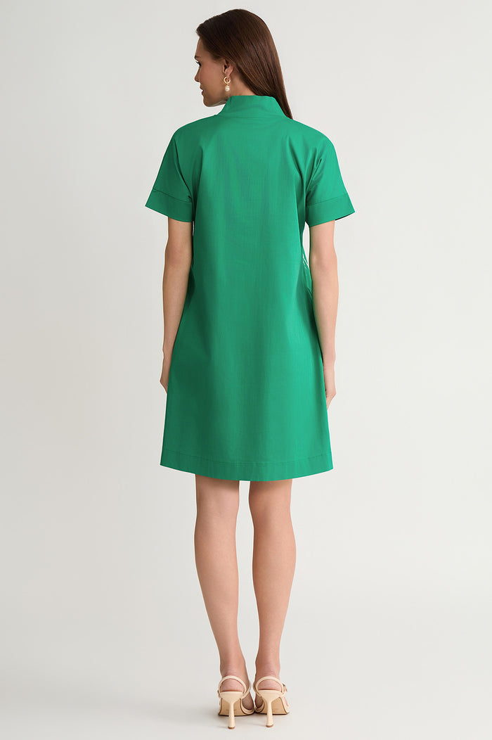 Relaxed A-Line Floral Printed Stretch Cotton Dress, Kelly Green/White | Ming Wang