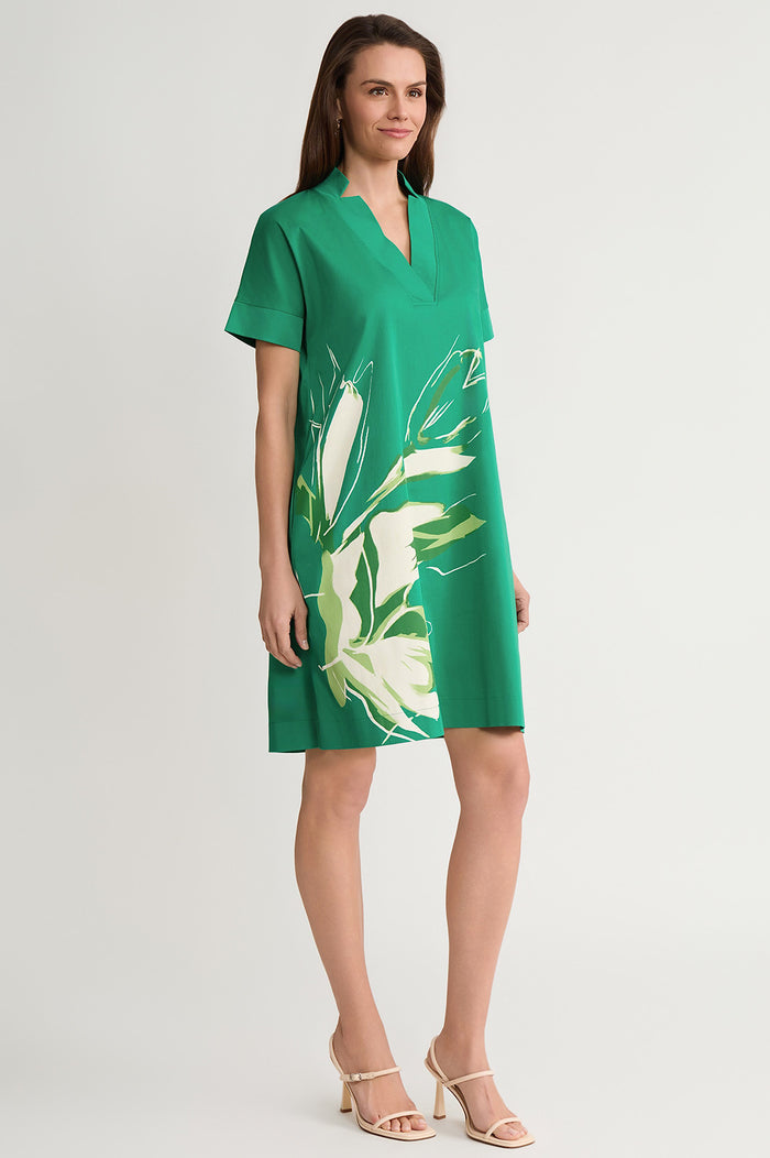 Relaxed A-Line Floral Printed Stretch Cotton Dress, Kelly Green/White | Ming Wang