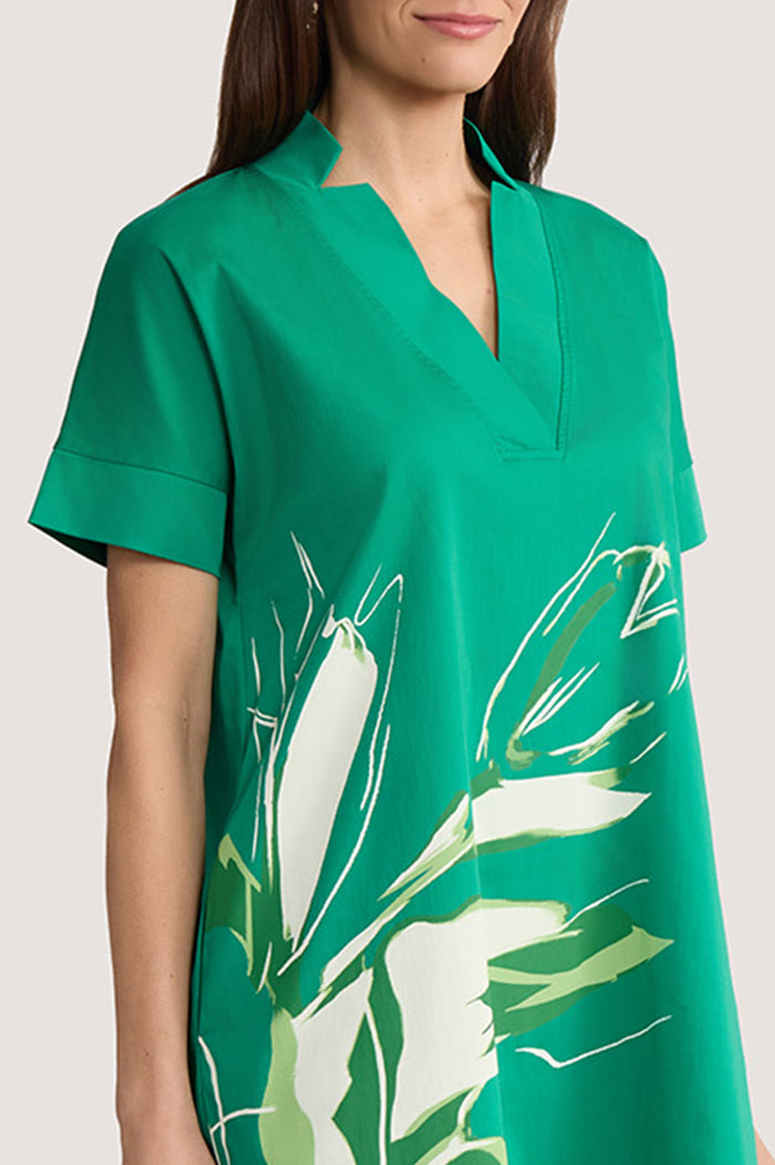 Relaxed A-Line Floral Printed Stretch Cotton Dress, Kelly Green/White | Ming Wang