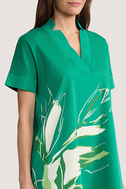 Relaxed A-Line Floral Printed Stretch Cotton Dress, Kelly Green/White | Ming Wang