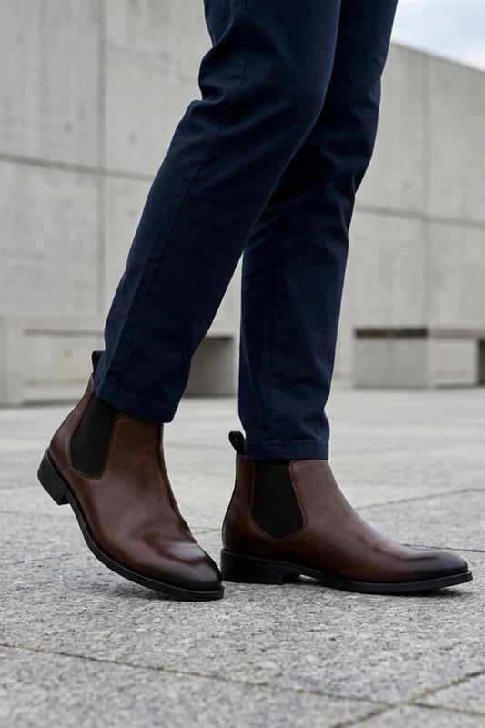 REMY Men’s Brown Burnished Polished Leather Chelsea Boots