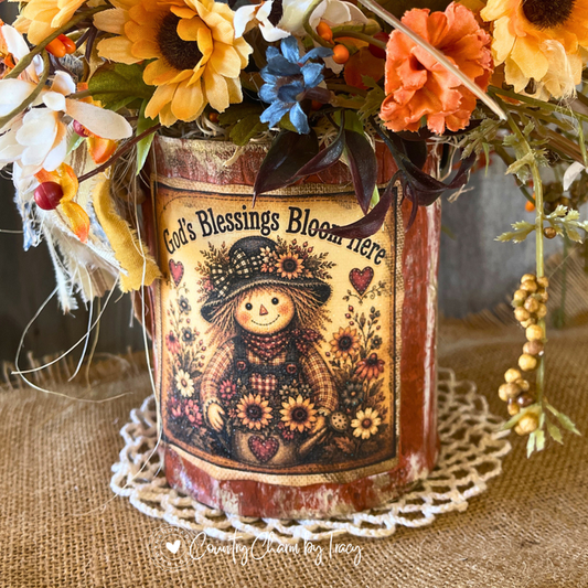 Restocked! God's Blessings Bloom Here Tin Can Decor with Faux Candle