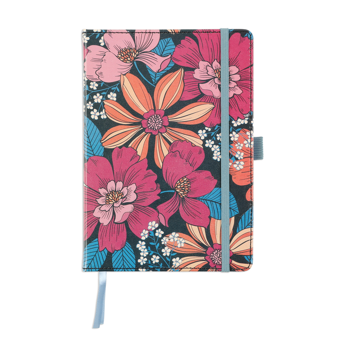 Retro Blooms - Bullet Dot Grid Happy Journal® - 80 Sheets - 160gsm Paper featuring a vibrant floral cover design with pink, orange, and blue blooms, an elastic band closure, and a pen loop.