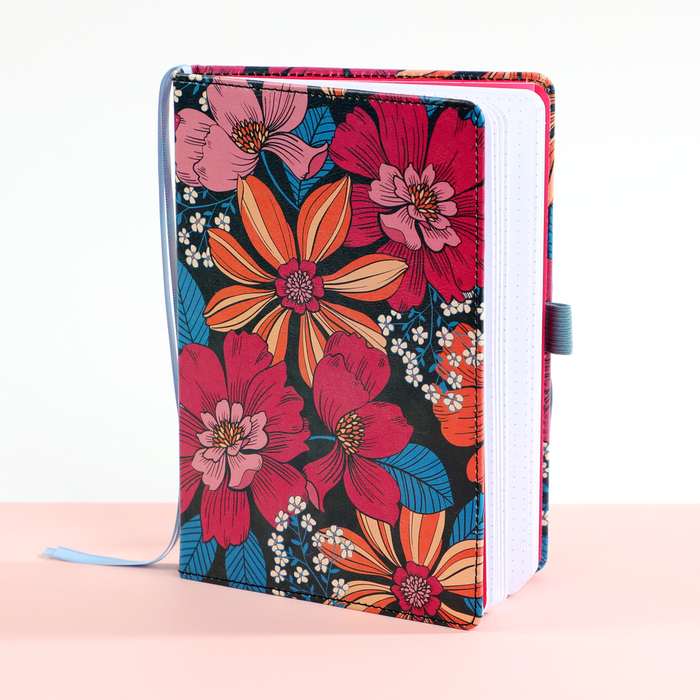Retro Blooms - Bullet Dot Grid Happy Journal® - 80 Sheets - 160gsm Paper with vibrant floral cover design, ribbon bookmark, and pen holder, ideal for journaling and planning.
