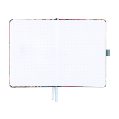 Open Retro Blooms - Bullet Dot Grid Happy Journal® - 80 Sheets - 160gsm Paper showing blank dotted grid pages with ribbon bookmarks and a pen loop on the right side.