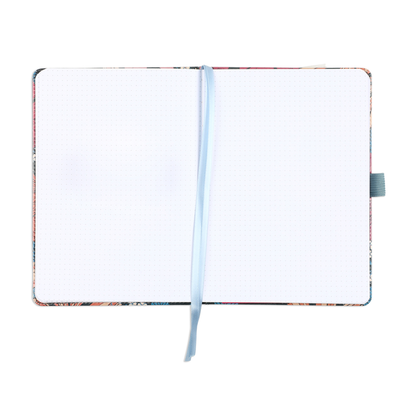 Open Retro Blooms - Bullet Dot Grid Happy Journal® - 80 Sheets - 160gsm Paper showing clean dot grid pages, a light blue ribbon bookmark, and a floral fabric cover edge.