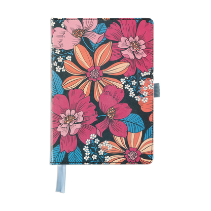 Retro Blooms - Bullet Dot Grid Happy Journal® - 80 Sheets - 160gsm Paper featuring a vibrant floral cover design in pink, orange, and blue tones, with a pen loop and ribbon bookmark.
