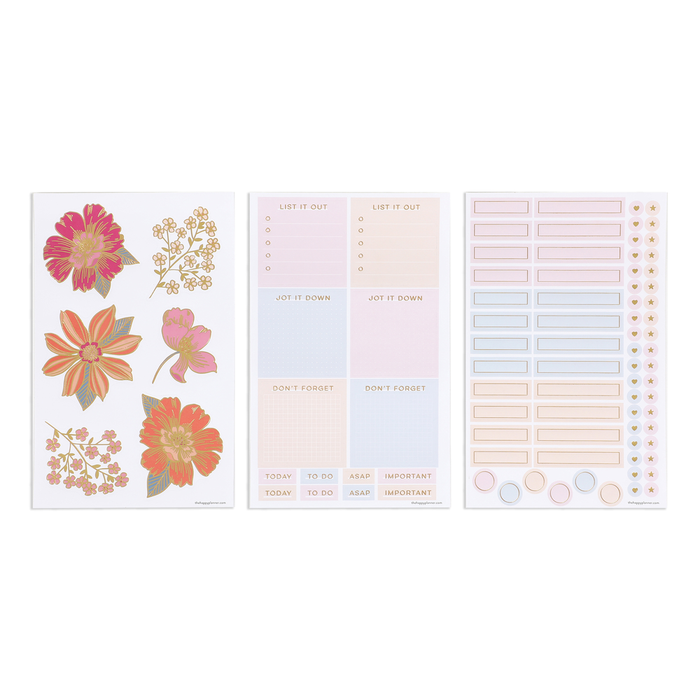 Three sheets of happy planner stickers featuring floral designs, pastel-colored labels, and icons paired with the Retro Blooms - Bullet Dot Grid Happy Journal® - 80 Sheets - 160gsm Paper.