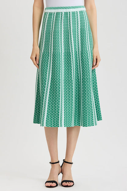 Roadmap Pattern Soft Knit Midi Skirt, Kelly Green/Eucalyptus/Ivory | Ming Wang