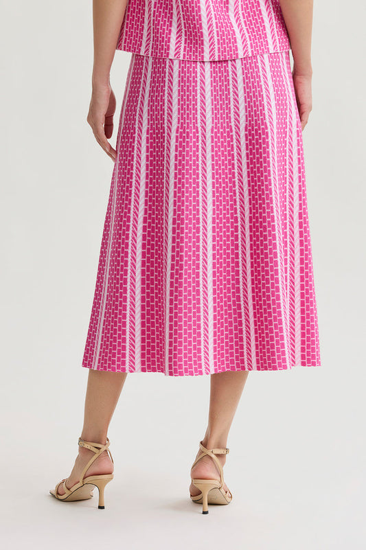 Roadmap Pattern Soft Knit Midi Skirt, Carmine Rose/Perfect Pink/White | Ming Wang