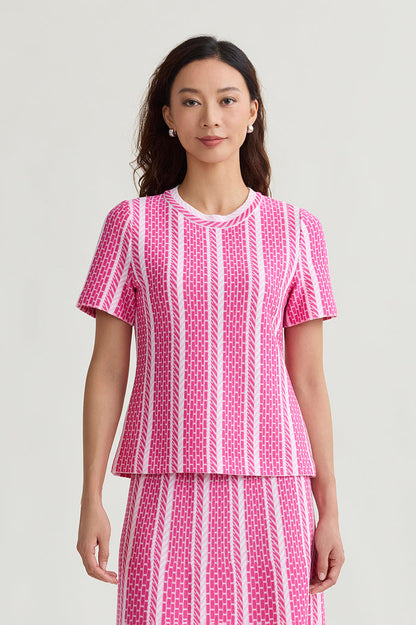 Roadmap Pattern Soft Knit Top, Carmine Rose/Perfect Pink/White | Ming Wang