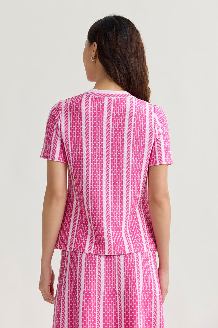 Roadmap Pattern Soft Knit Top, Carmine Rose/Perfect Pink/White | Ming Wang