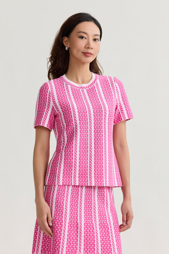 Roadmap Pattern Soft Knit Top, Carmine Rose/Perfect Pink/White | Ming Wang