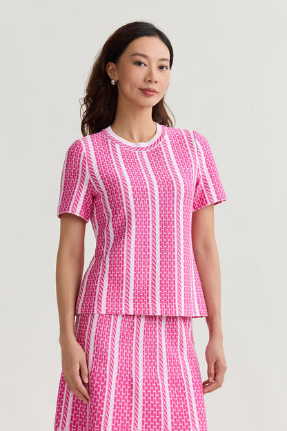 Roadmap Pattern Soft Knit Top, Carmine Rose/Perfect Pink/White | Ming Wang