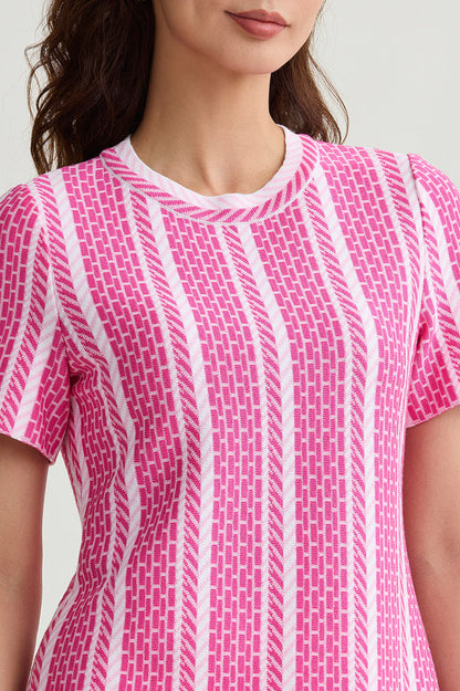 Roadmap Pattern Soft Knit Top, Carmine Rose/Perfect Pink/White | Ming Wang