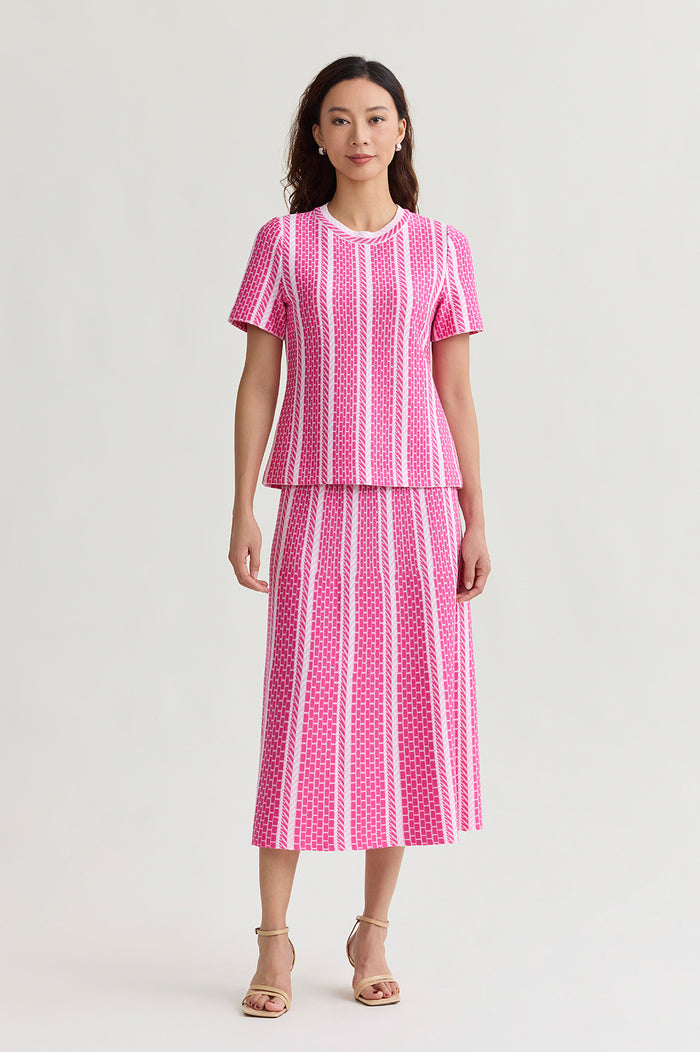 Roadmap Pattern Soft Knit Top, Carmine Rose/Perfect Pink/White | Ming Wang