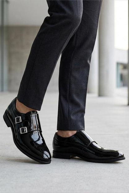 ROAN Men’s Black Hi-Shine Patent Leather Monk Dress Shoes