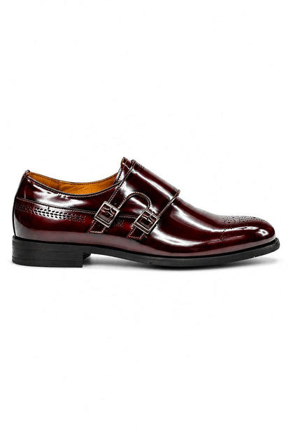 ROAN Men’s Maroon Glossy Patent Leather Monk Strap Dress Shoes