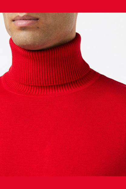 Men's Red Lightweight Stretch Cotton Roll Neck Jumper