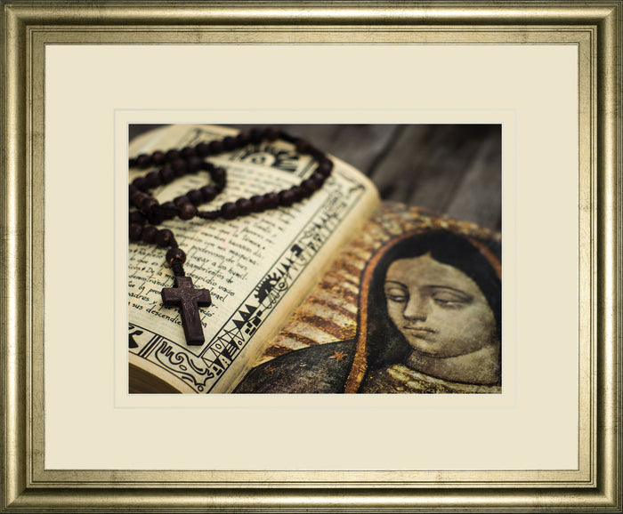Rosary In Bible By Kbuntu - Framed Print Wall Art - Beige