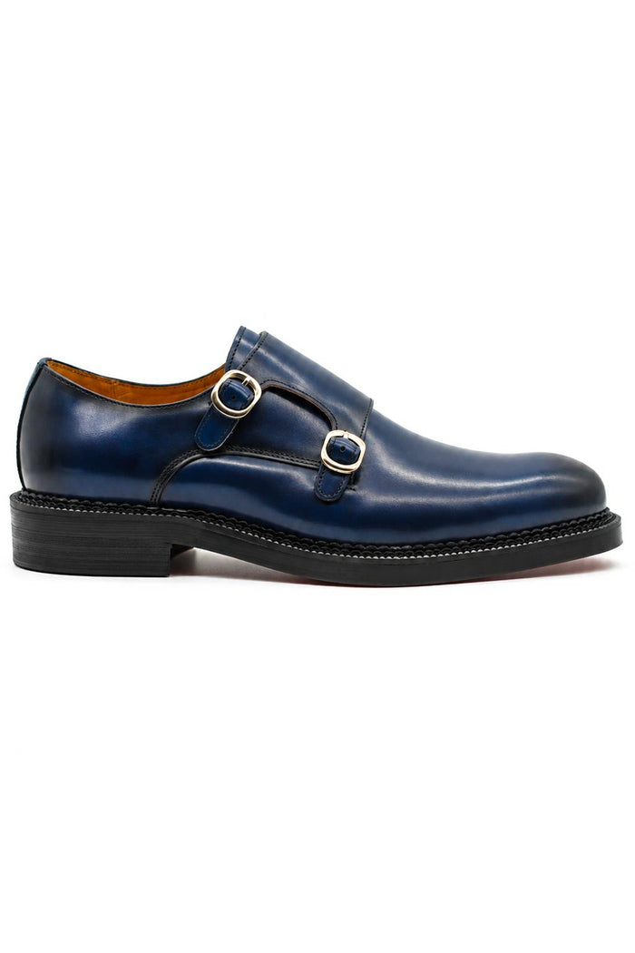ROWE Men’s Blue Burnished Real Leather Double Monk Strap Shoes