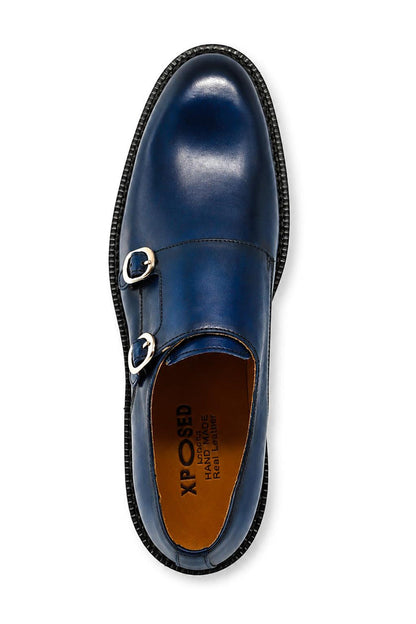 ROWE Men’s Blue Burnished Real Leather Double Monk Strap Shoes