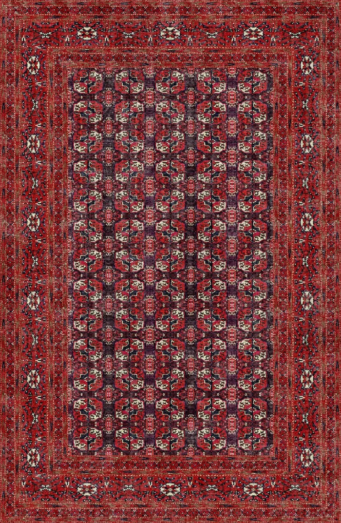The Ruby Weave - Washable Rug - JRN1033 (Custom Size) features an intricate red geometric pattern with symmetrical motifs and multicolor borders—perfect for allergy-sensitive homes.