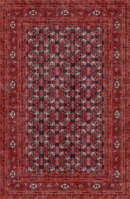 The Ruby Weave - Washable Rug - JRN1033 (Custom Size) features an intricate red geometric pattern with symmetrical motifs and multicolor borders—perfect for allergy-sensitive homes.