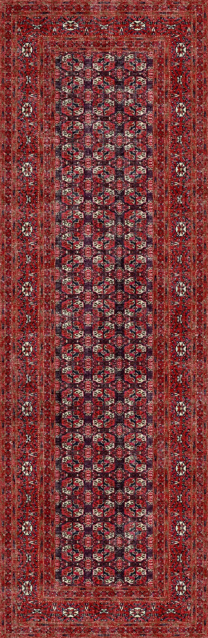 The Ruby Weave - Washable Rug - JRN1033 (Custom Size) is a rectangular red and black rug with intricate geometric and floral patterns, detailed textures, and layered designs. It's durable and perfect for high-traffic areas.