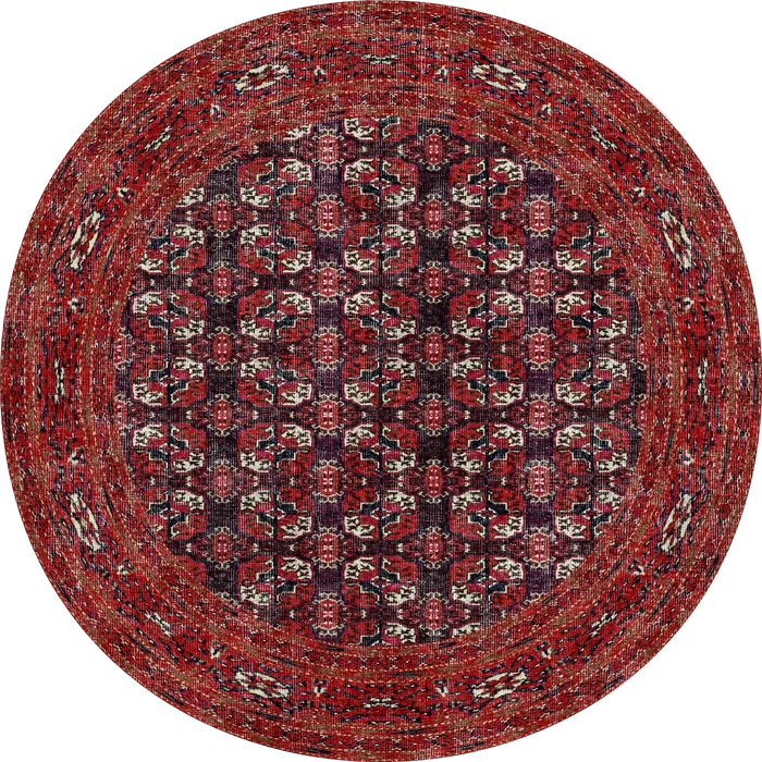 The Ruby Weave - Washable Rug - JRN1033 (Custom Size) features a round shape with red, black, and white geometric patterns, multiple borders, and symmetrical motifs—perfect for high-traffic areas and allergy-sensitive homes.
