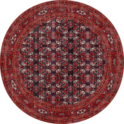 The Ruby Weave - Washable Rug - JRN1033 (Custom Size) features a round shape with red, black, and white geometric patterns, multiple borders, and symmetrical motifs—perfect for high-traffic areas and allergy-sensitive homes.
