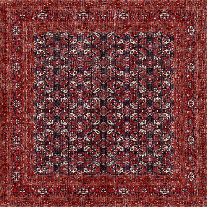The Ruby Weave - Washable Rug (JRN1033) showcases a durable design with red, black, white, and green geometric patterns, octagonal motifs, floral accents, and ornate borders—combining elegance and easy maintenance.