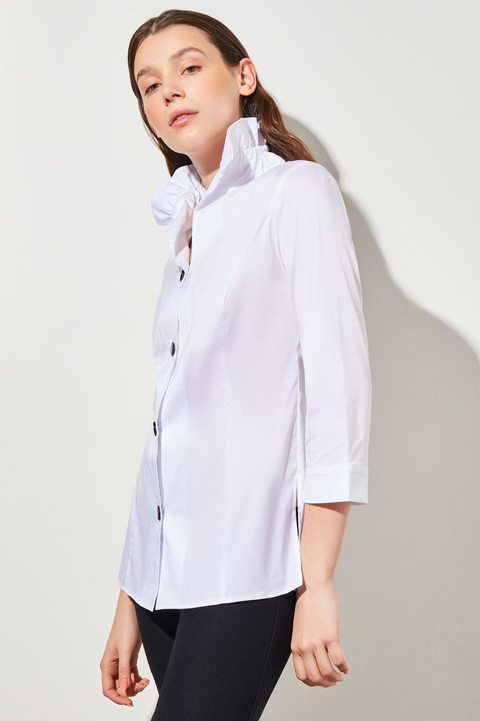 Ruffle Neck Button-Front Cotton Poplin Blouse | Ming Wang