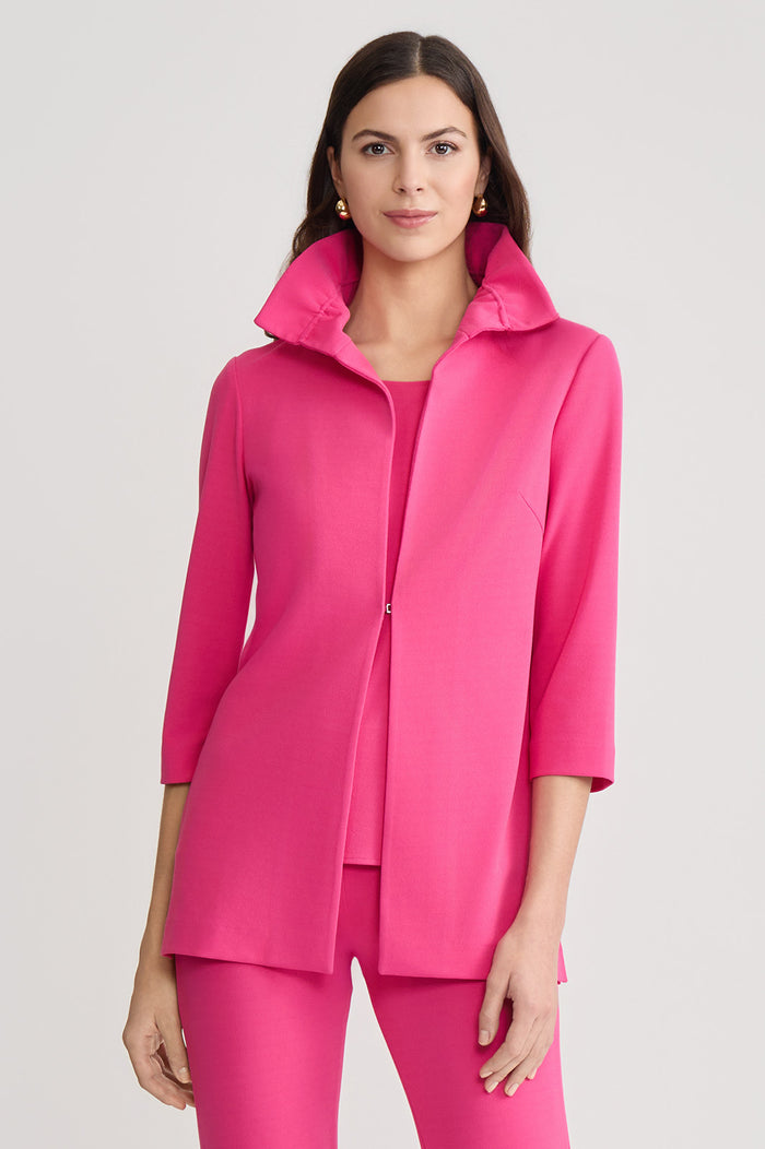 Heritage Ruffle Neck Deco Crepe Jacket, Carmine Rose | Ming Wang