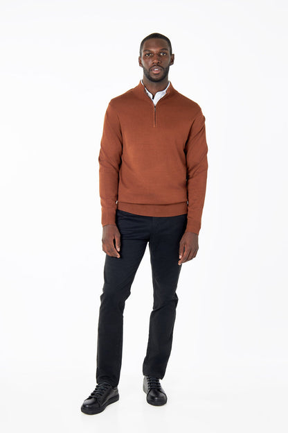 RUST BROWN 100% COTTON KNIT ZIP NECK JUMPER