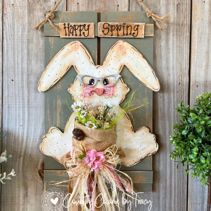 Rustic Happy Spring Bunny Pallet Sign | Hand-Lettered Whimsical Farmhouse Spring Door Hanger