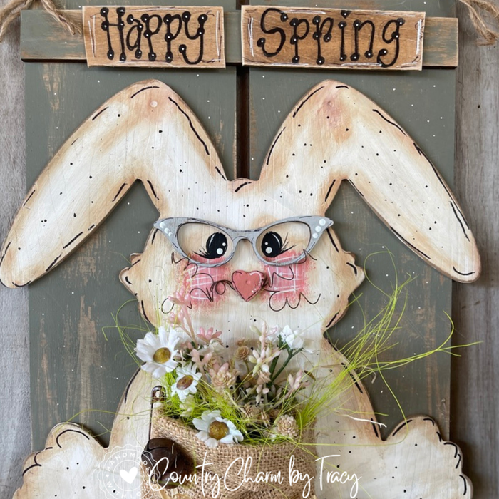 Rustic Happy Spring Bunny Pallet Sign | Hand-Lettered Whimsical Farmhouse Spring Door Hanger