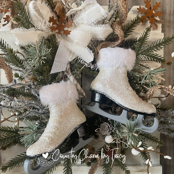 Rustic Winter Skates Door/Wall Decor – 12” x 15” White Fence