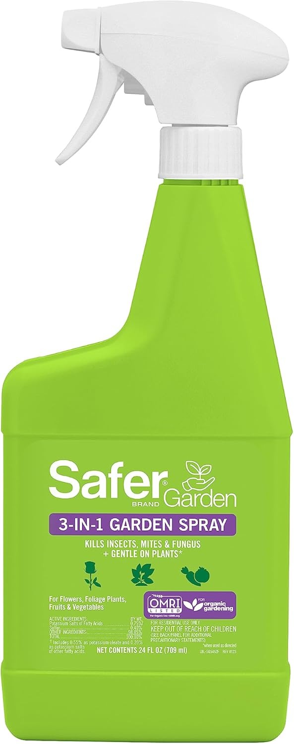 A 24oz lime-green plastic spray bottle of Safer Brand 3-in-1 Garden Spray for treating insects, mites, and fungus.