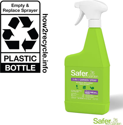 24oz bright green plastic spray bottle of Safer 3-in-1 Garden Spray for controlling insects, mites, and fungus.