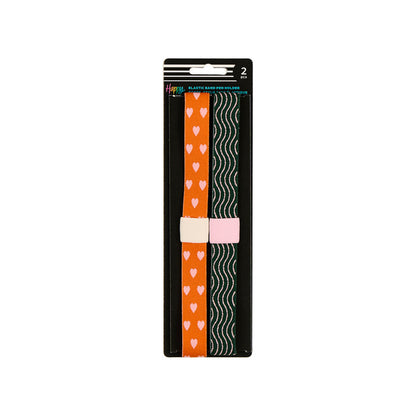Screen Free Society - Elastic Band Pen Holder - 2 Pack featuring orange heart and black wavy bands for securing pens to notebooks and planners