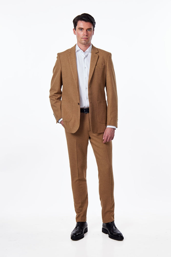 TAILORED CAMEL FLANNEL WOOL BLEND 2 PIECE SUIT